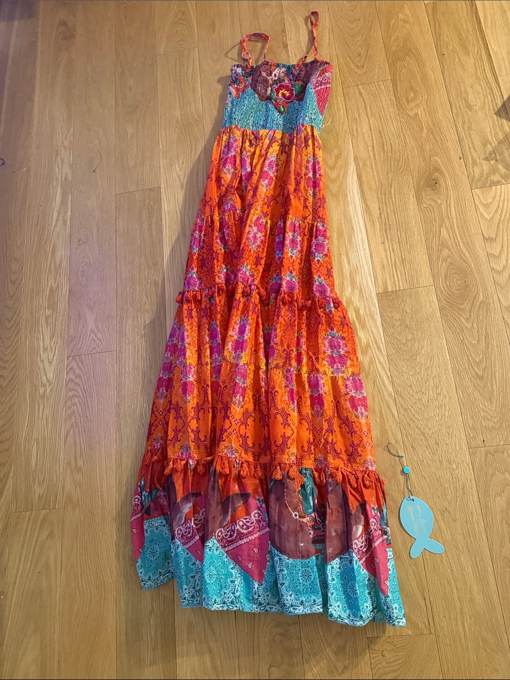 Woman’s Orange & Turquoise Floral Tiered Maxi Dress